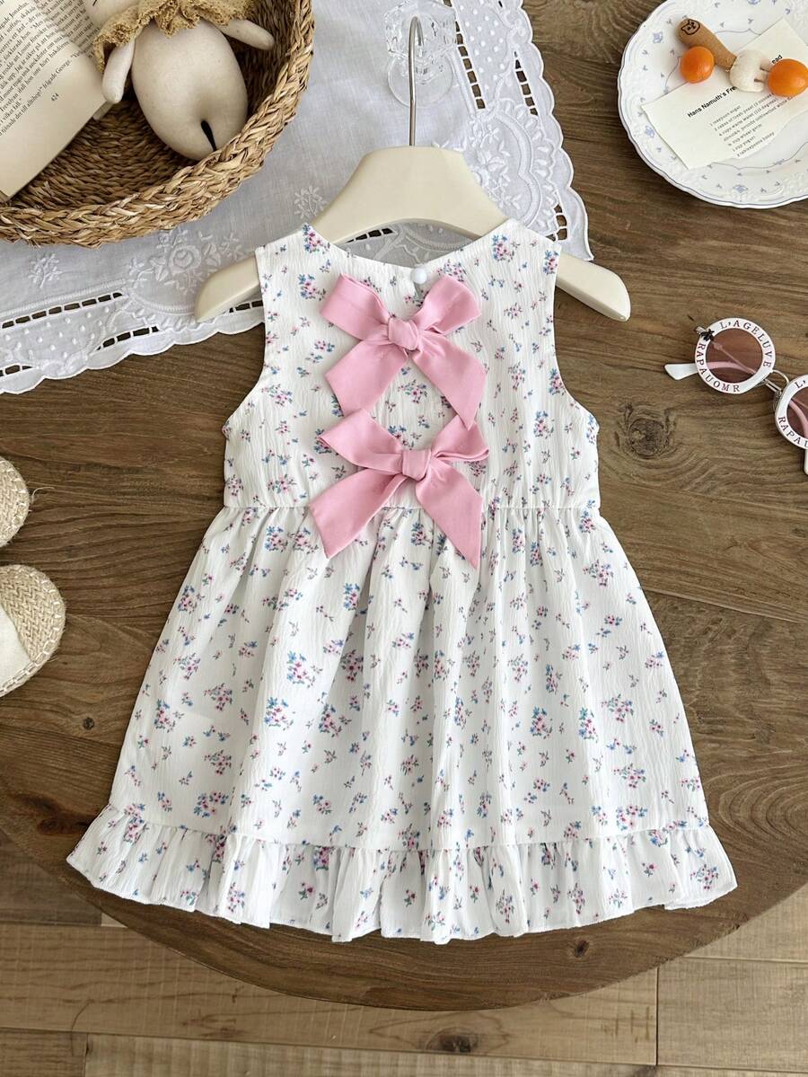 Baby Girl Brown Bowknot Sleeveless Puffy Dress for Casual Fall Outings