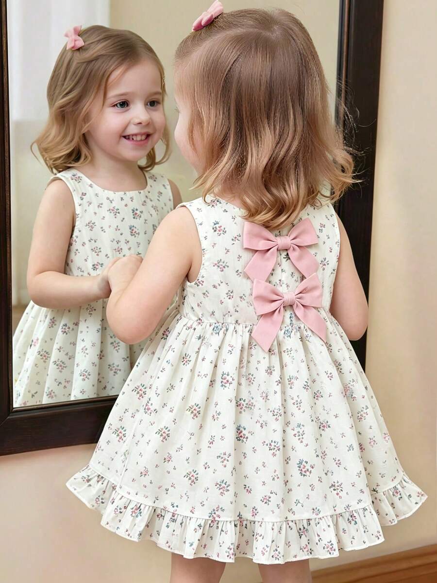 Baby Girl Brown Bowknot Sleeveless Puffy Dress for Casual Fall Outings