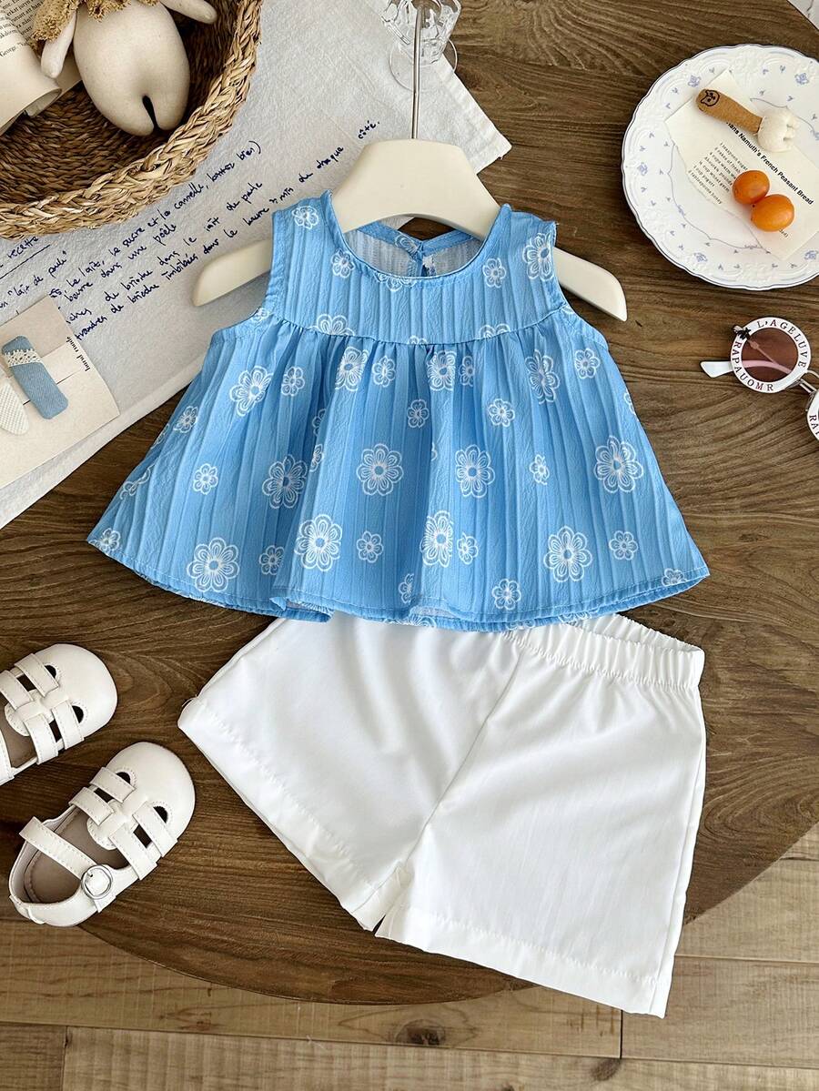 Cherry Print Sleeveless Top and Red Shorts Set for Baby Girls