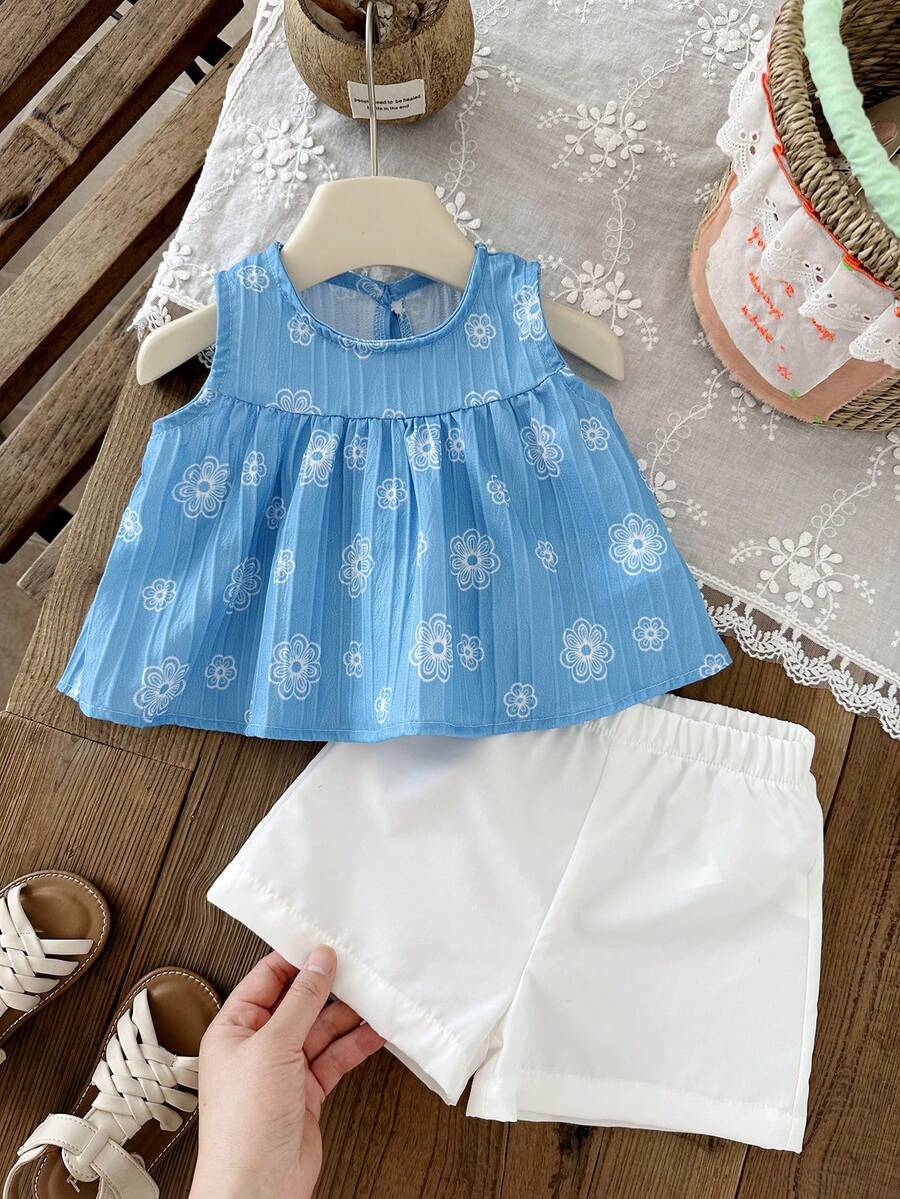 Cherry Print Sleeveless Top and Red Shorts Set for Baby Girls