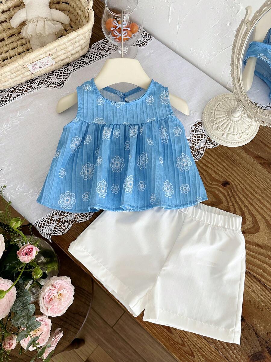 Cherry Print Sleeveless Top and Red Shorts Set for Baby Girls