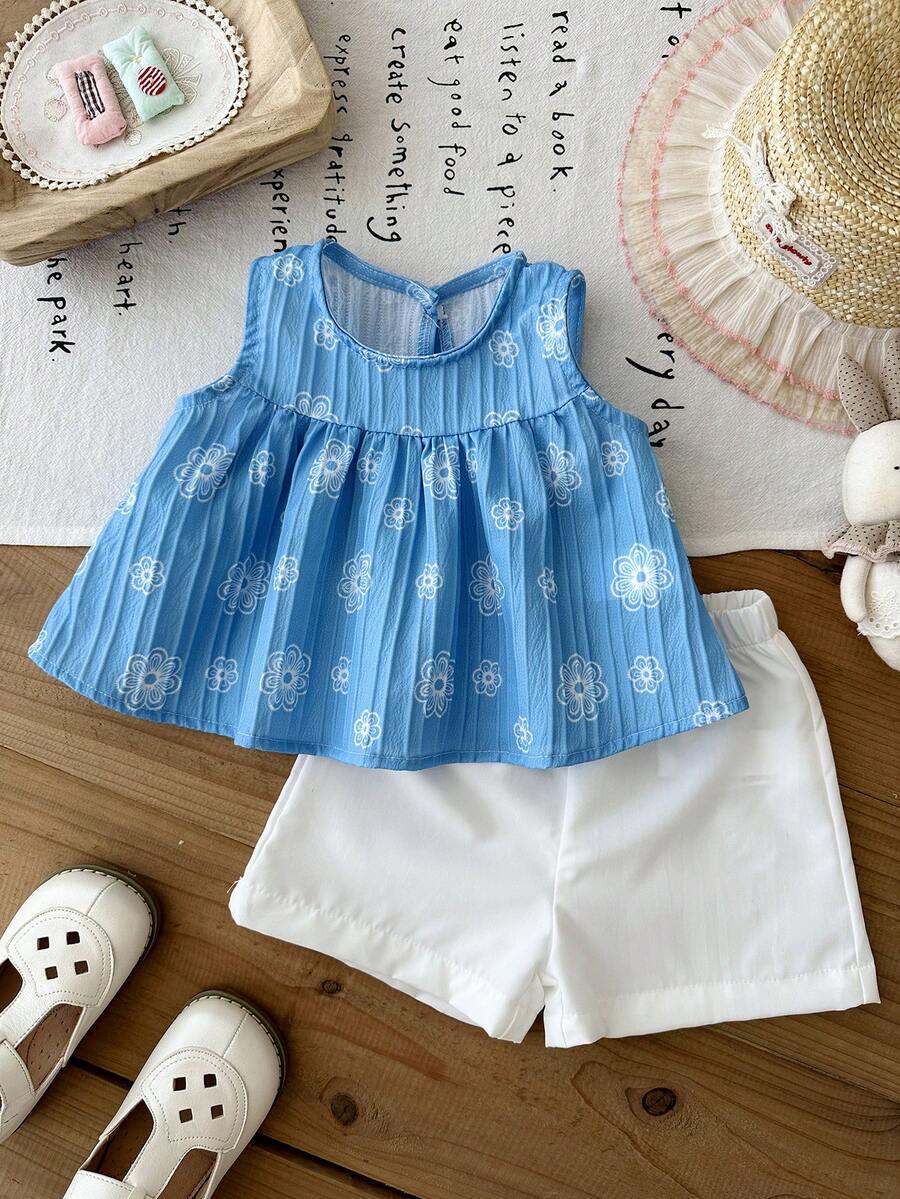 Cherry Print Sleeveless Top and Red Shorts Set for Baby Girls