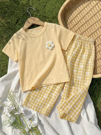 3D Floral T Shirt And Plaid Pants Set For Baby Girls Casual Cute Outfit