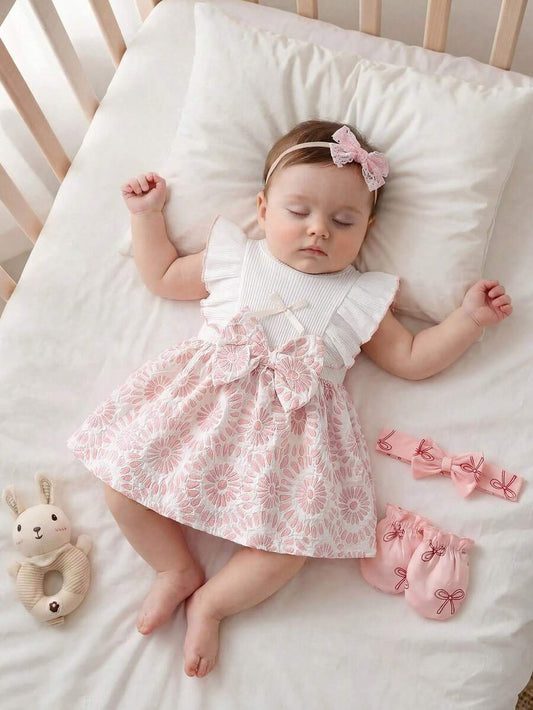 Baby Lace Collar Pink Bow Dress for Elegant Retro Summer Wear