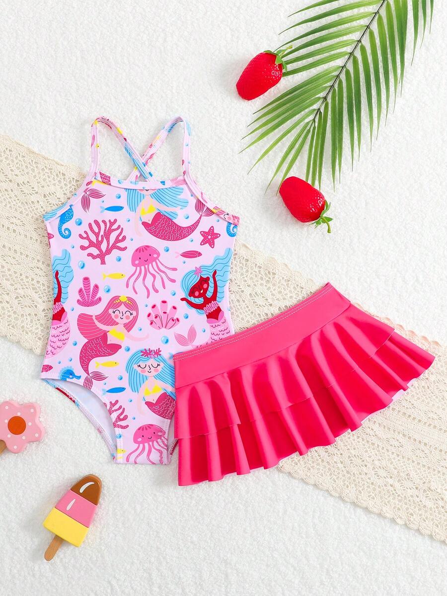 Little Girls Strawberry Swim Dress One Piece Beach Vacation Swimwear