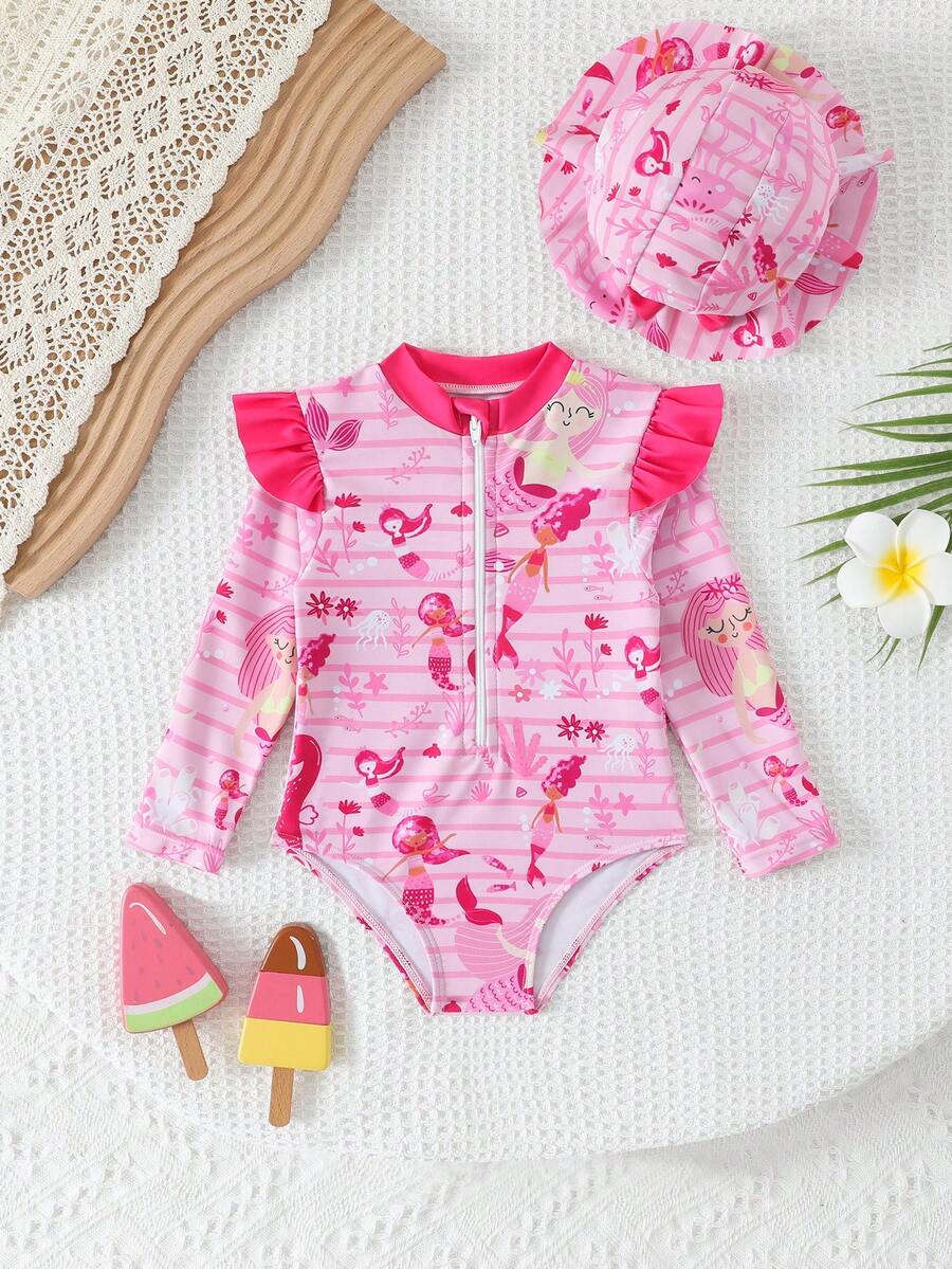 Baby Girls Floral Ruffle Long Sleeve Swimsuit With Hat Tropical Beachwear Set