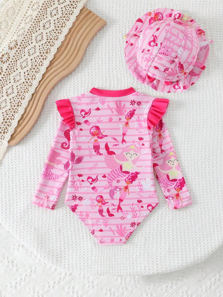 Baby Girls Floral Ruffle Long Sleeve Swimsuit With Hat Tropical Beachwear Set