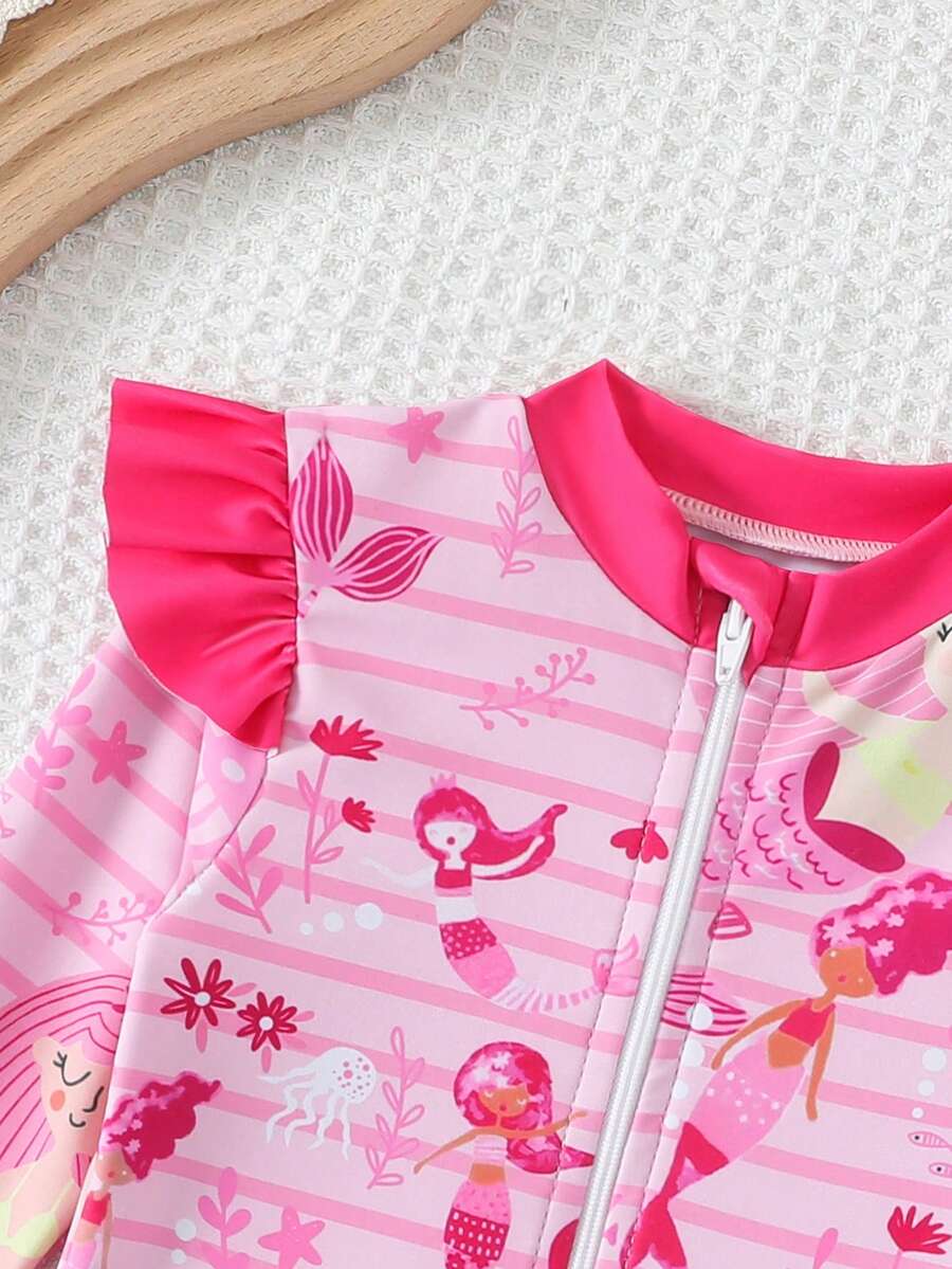 Baby Girls Floral Ruffle Long Sleeve Swimsuit With Hat Tropical Beachwear Set