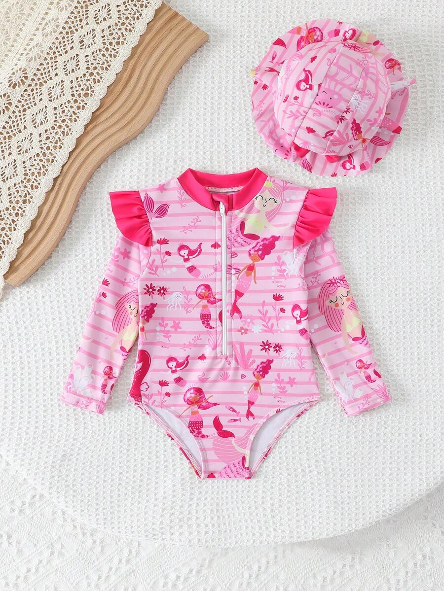 Baby Girls Floral Ruffle Long Sleeve Swimsuit With Hat Tropical Beachwear Set