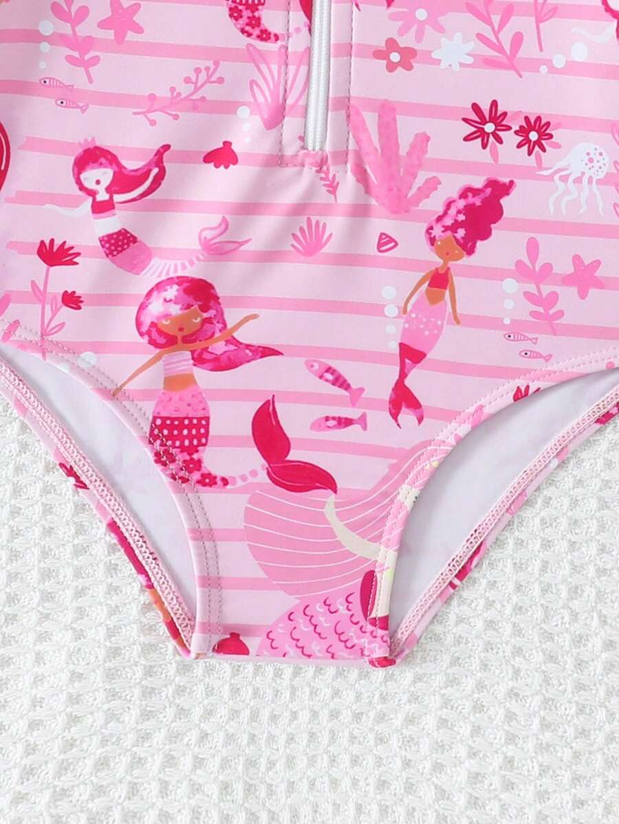 Baby Girls Floral Ruffle Long Sleeve Swimsuit With Hat Tropical Beachwear Set