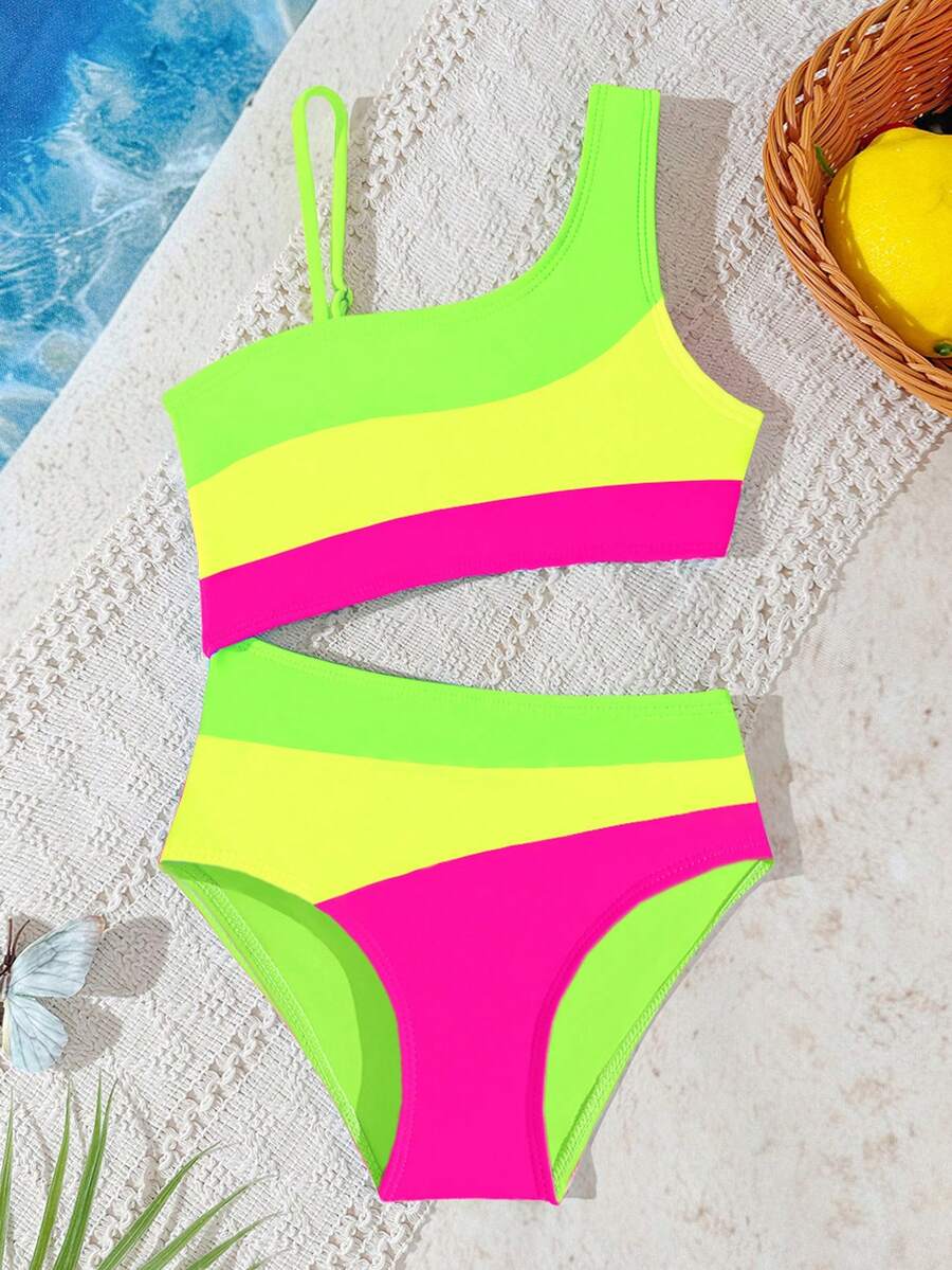 Neon Striped Swimwear For Toddler Girls Hollow Out Vacation Beach Outfit