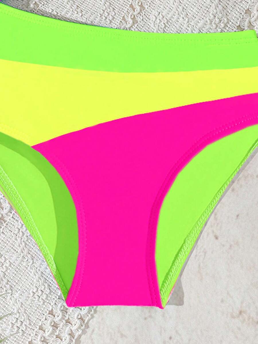 Neon Striped Swimwear For Toddler Girls Hollow Out Vacation Beach Outfit