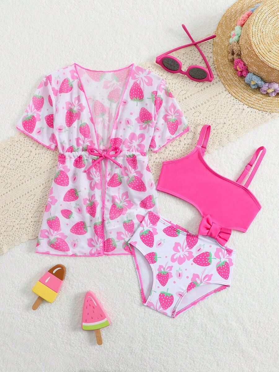 Summer Beach Outfit For Little Girls With Palm Print Swimsuit And Cover Up