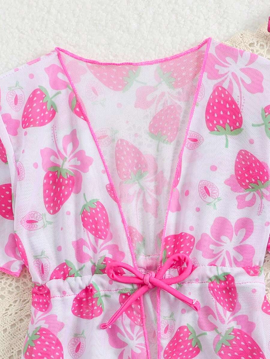 Summer Beach Outfit For Little Girls With Palm Print Swimsuit And Cover Up