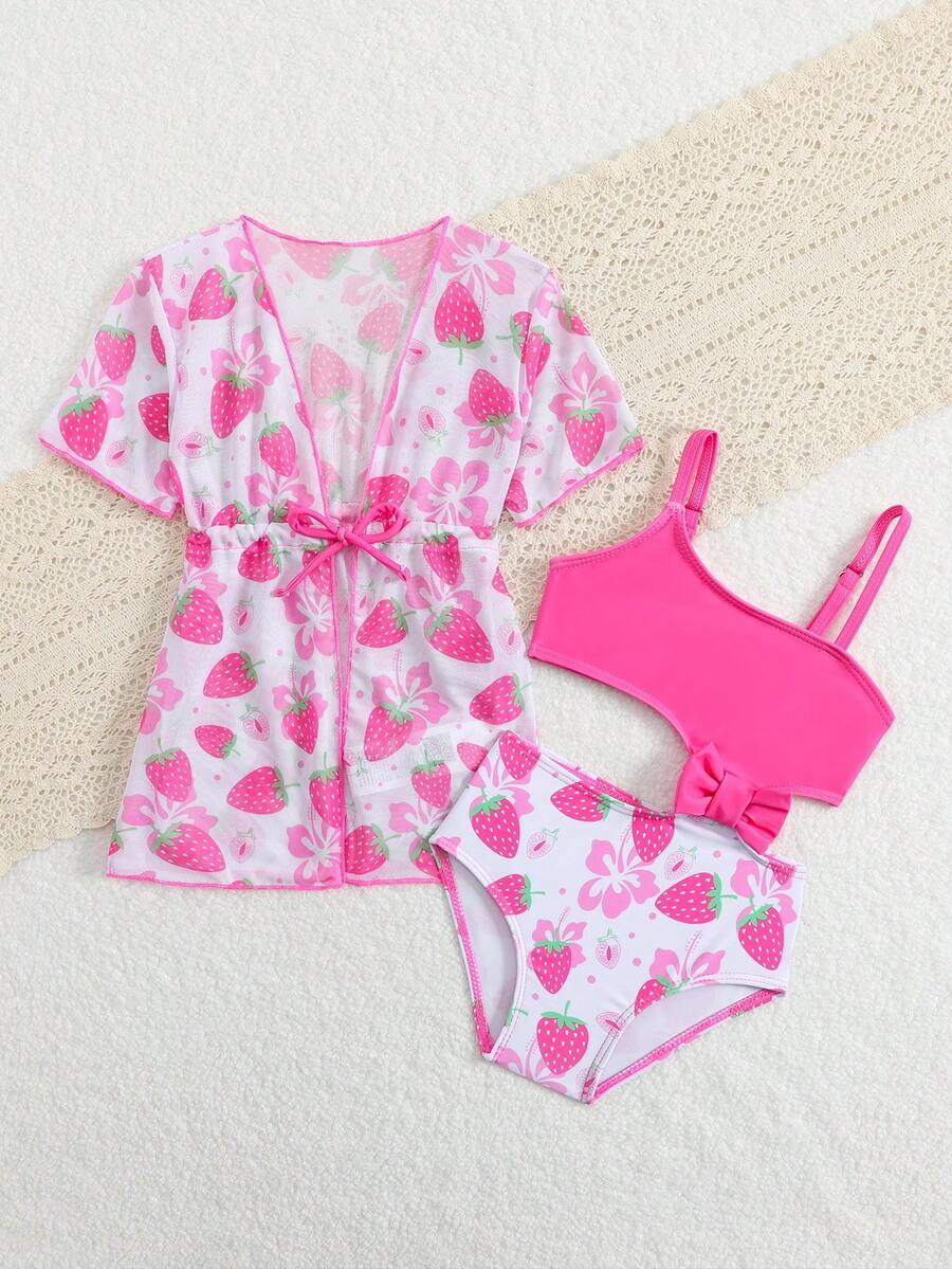 Summer Beach Outfit For Little Girls With Palm Print Swimsuit And Cover Up