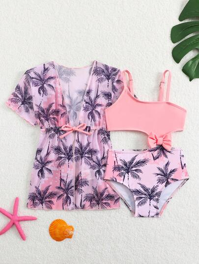 Summer Beach Outfit For Little Girls With Palm Print Swimsuit And Cover Up