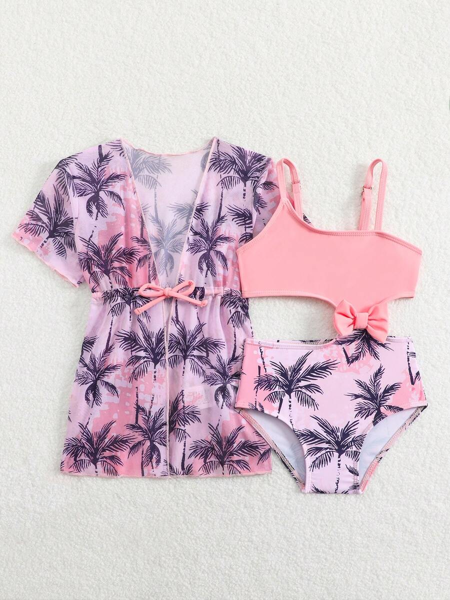 Summer Beach Outfit For Little Girls With Palm Print Swimsuit And Cover Up