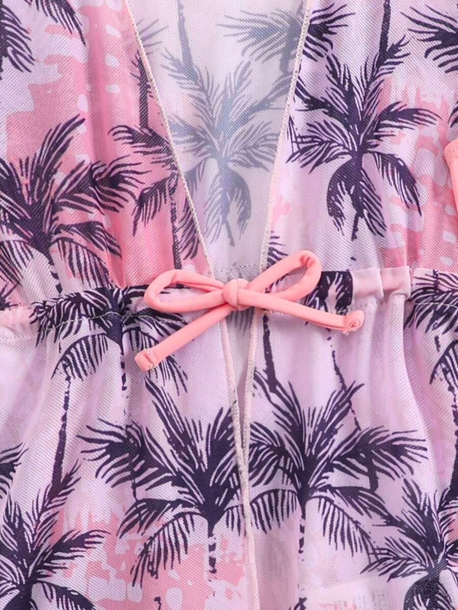 Summer Beach Outfit For Little Girls With Palm Print Swimsuit And Cover Up
