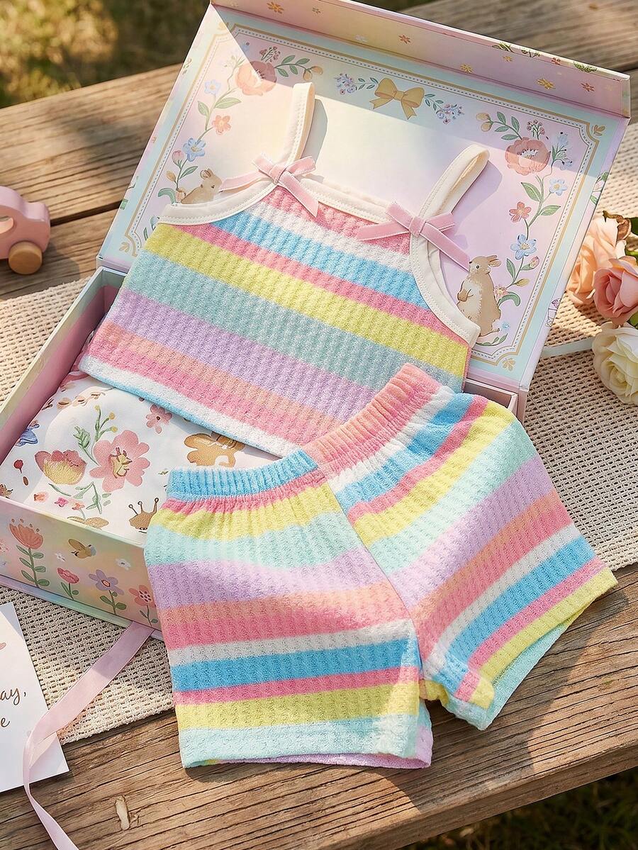 Striped Knit Camisole And Shorts Set For Baby Girls Summer Vacation Wear