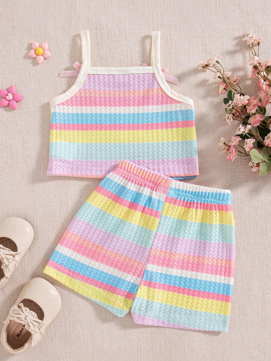 Striped Knit Camisole And Shorts Set For Baby Girls Summer Vacation Wear