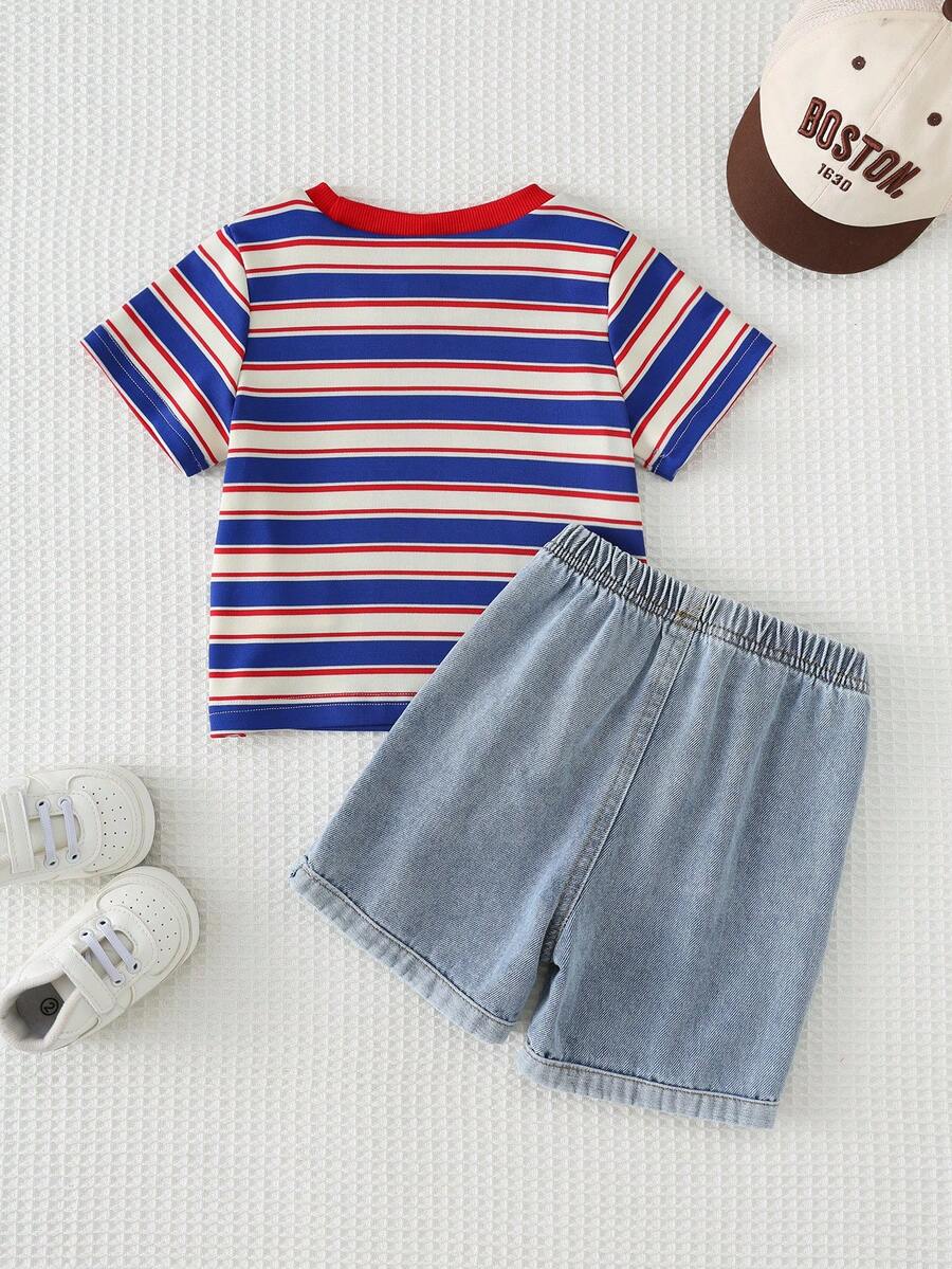 Baby Boy Black and White Striped T Shirt and Denim Shorts 2 Piece Casual Spring Summer Outfit Set