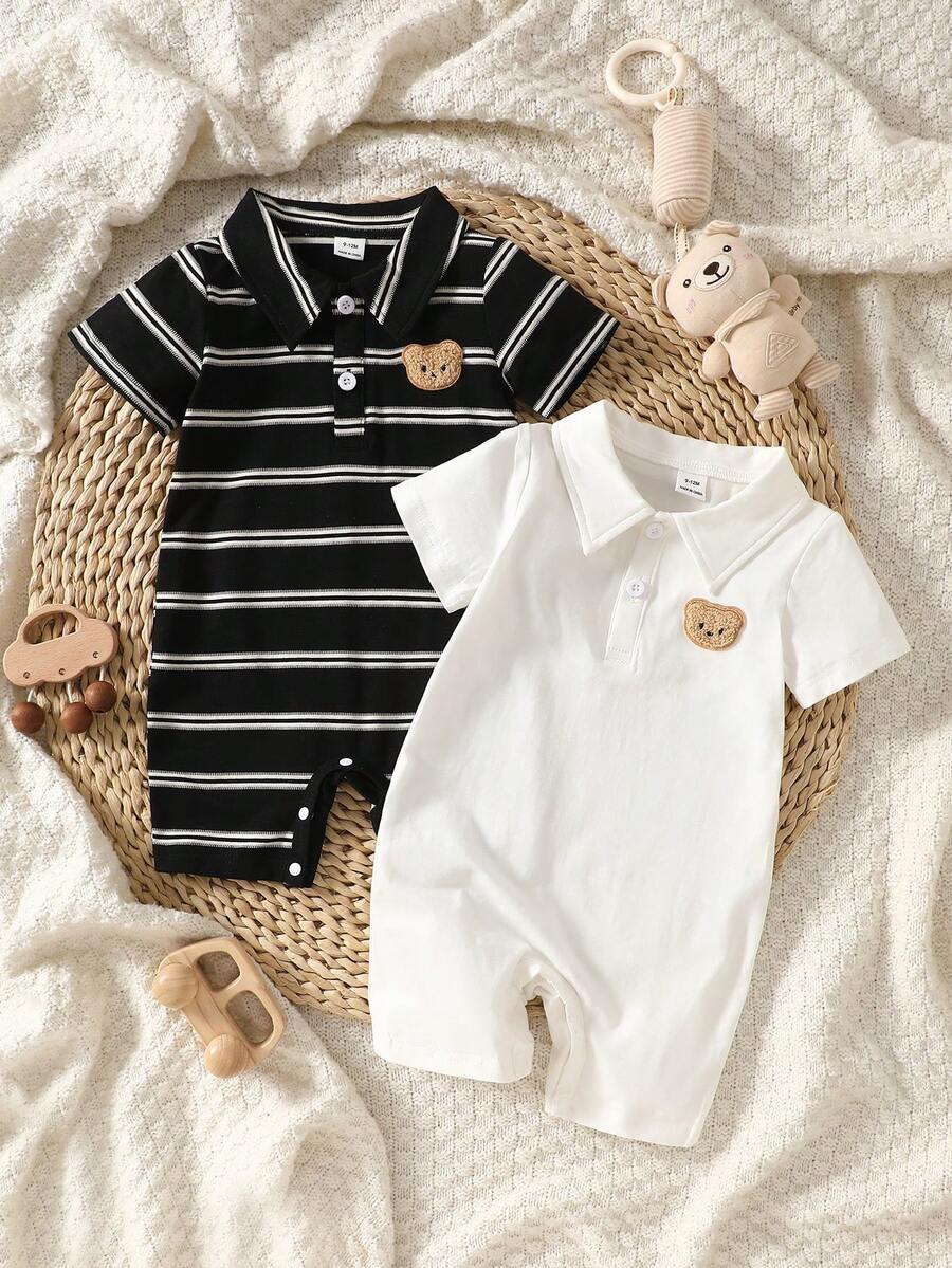 2PCS Baby Color Block Stripe Collared Romper and Shorts Set for Casual Daily Wear