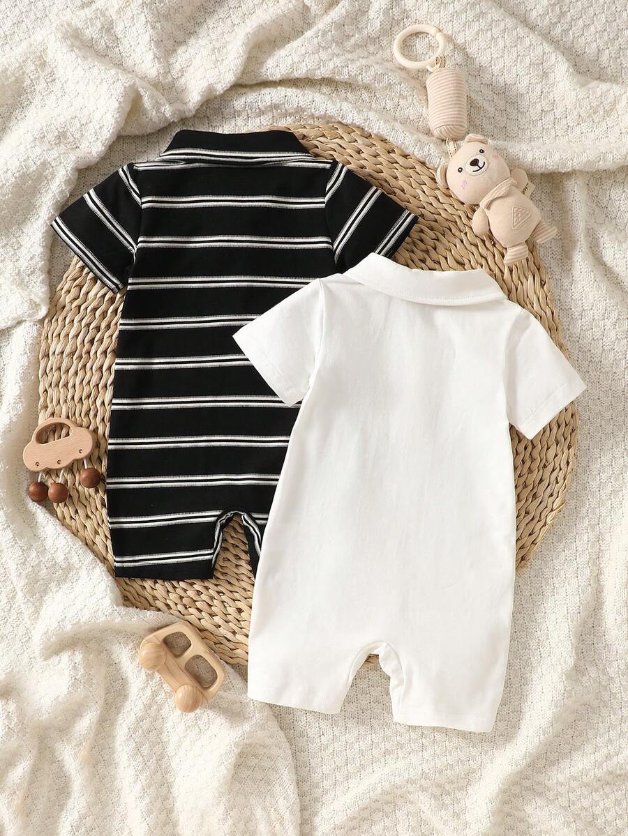2PCS Baby Color Block Stripe Collared Romper and Shorts Set for Casual Daily Wear