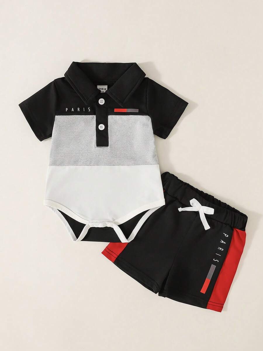 Baby Boys Colorblock Polo Collar Bodysuit and Shorts Set for Casual Summer Wear