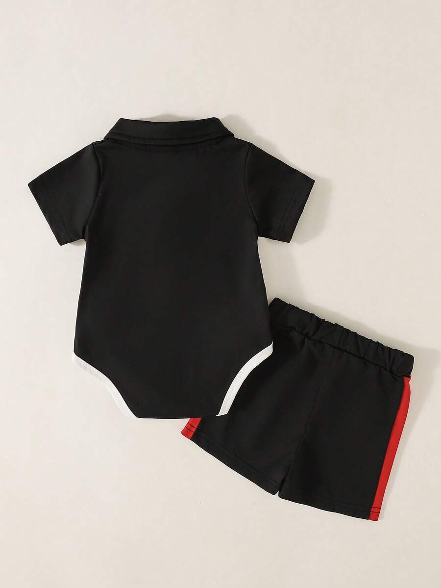Baby Boys Colorblock Polo Collar Bodysuit and Shorts Set for Casual Summer Wear