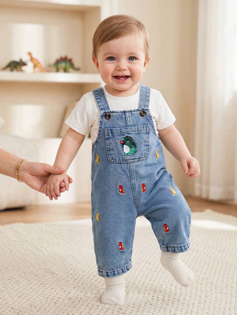 Cute Cartoon Print Denim Jumpsuit for Baby Boys: Dinosaur, Car & Letter Design