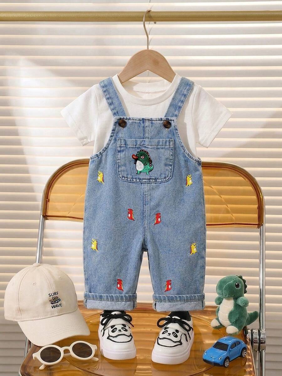 Cute Cartoon Print Denim Jumpsuit for Baby Boys: Dinosaur, Car & Letter Design