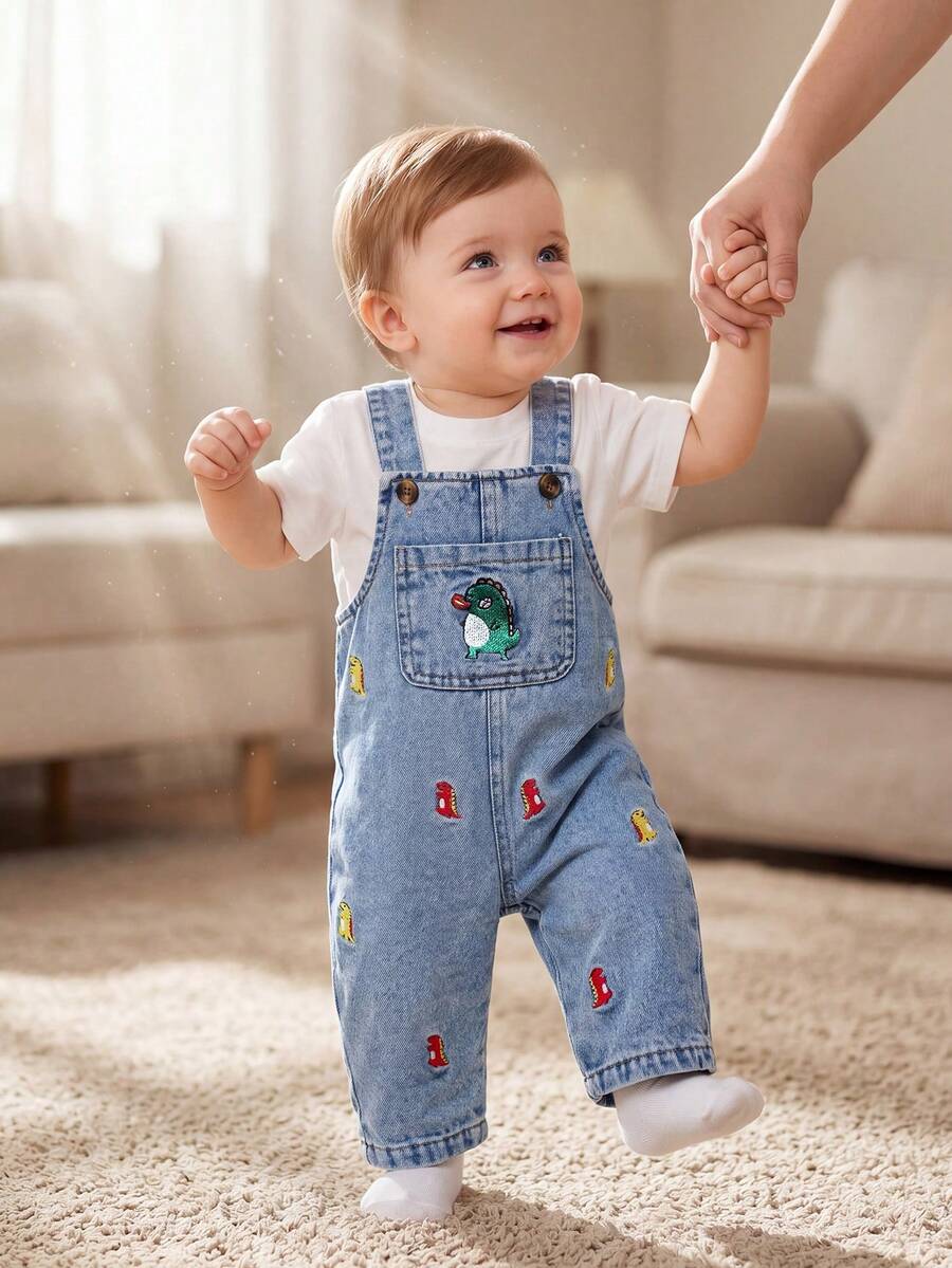 Cute Cartoon Print Denim Jumpsuit for Baby Boys: Dinosaur, Car & Letter Design