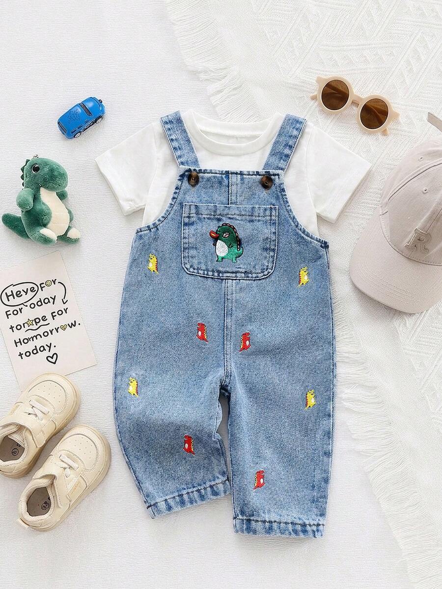 Cute Cartoon Print Denim Jumpsuit for Baby Boys: Dinosaur, Car & Letter Design