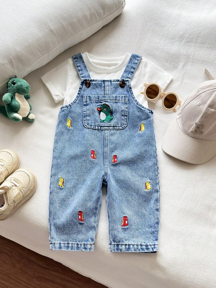 Cute Cartoon Print Denim Jumpsuit for Baby Boys: Dinosaur, Car & Letter Design