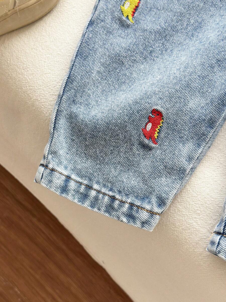 Cute Cartoon Print Denim Jumpsuit for Baby Boys: Dinosaur, Car & Letter Design