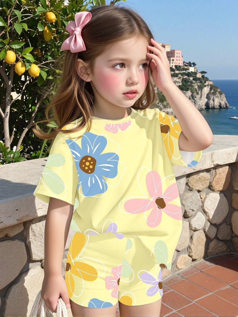 Vacation Ready Floral Print Set For Baby Girls With Tee And Shorts
