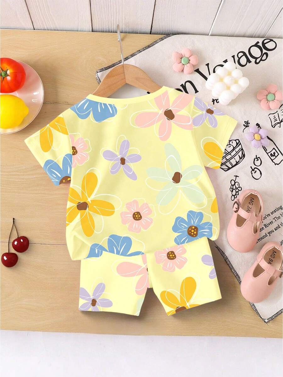 Vacation Ready Floral Print Set For Baby Girls With Tee And Shorts