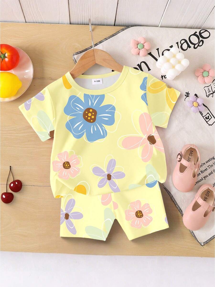 Vacation Ready Floral Print Set For Baby Girls With Tee And Shorts