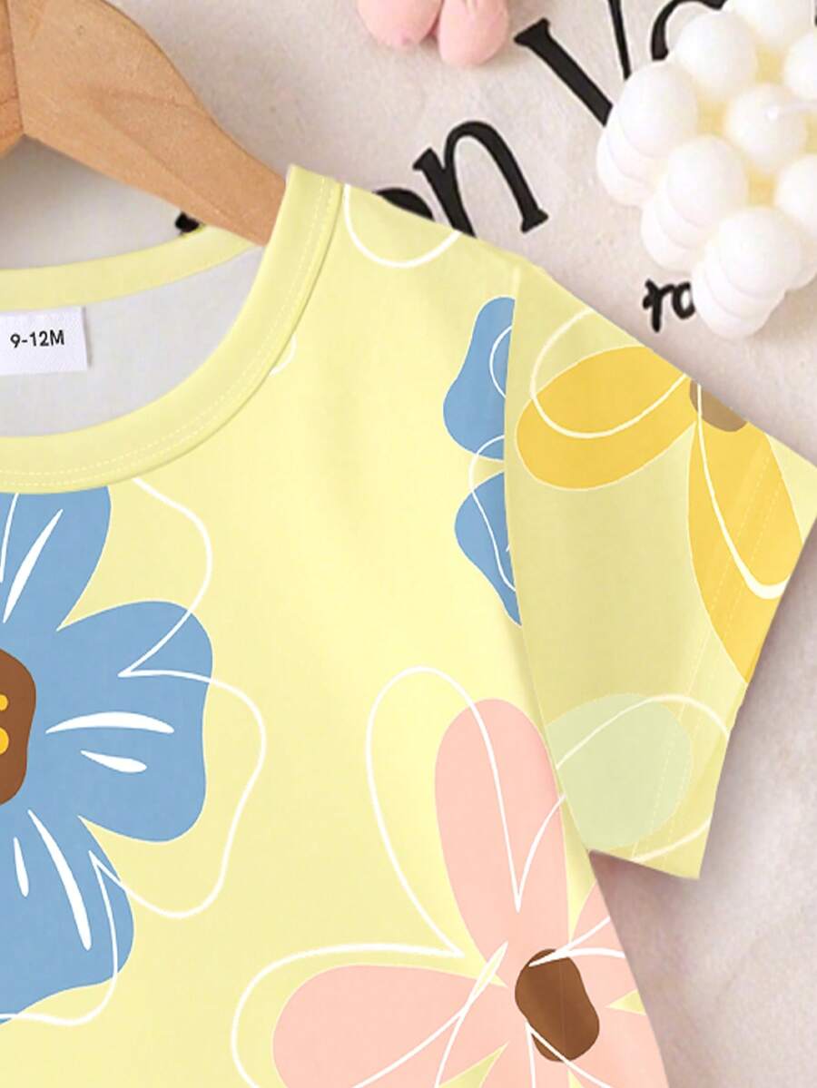 Vacation Ready Floral Print Set For Baby Girls With Tee And Shorts