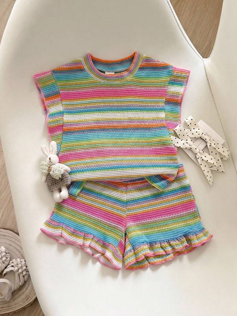 Baby Girl Black & White Striped Ruffle Sleeve T-Shirt & Shorts Set