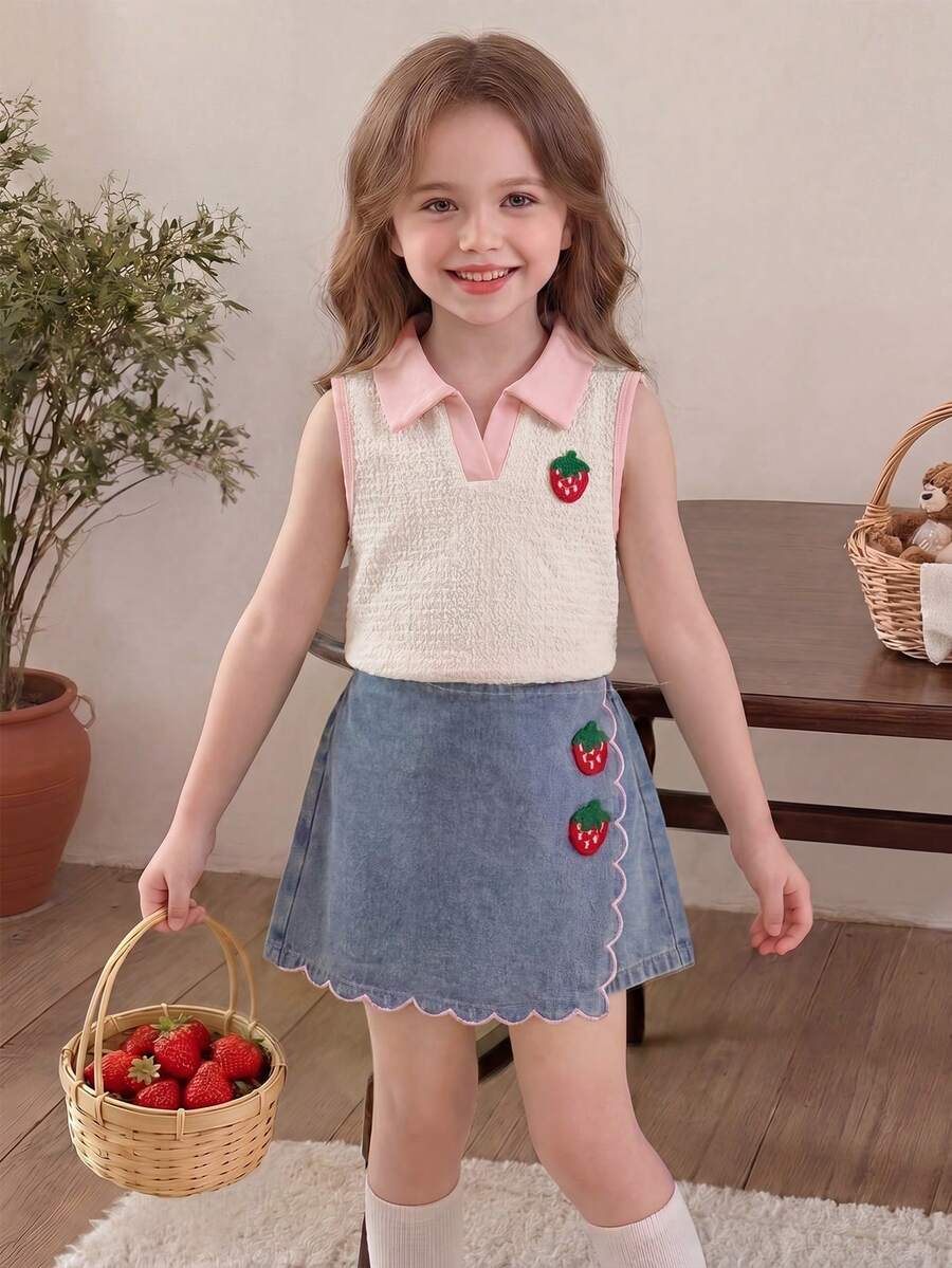 Toddler Girls Textured Knit Vest Top And Denim Skort Flower Embroidered Summer Outfit Set