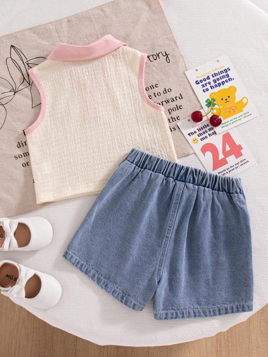 Toddler Girls Textured Knit Vest Top And Denim Skort Flower Embroidered Summer Outfit Set