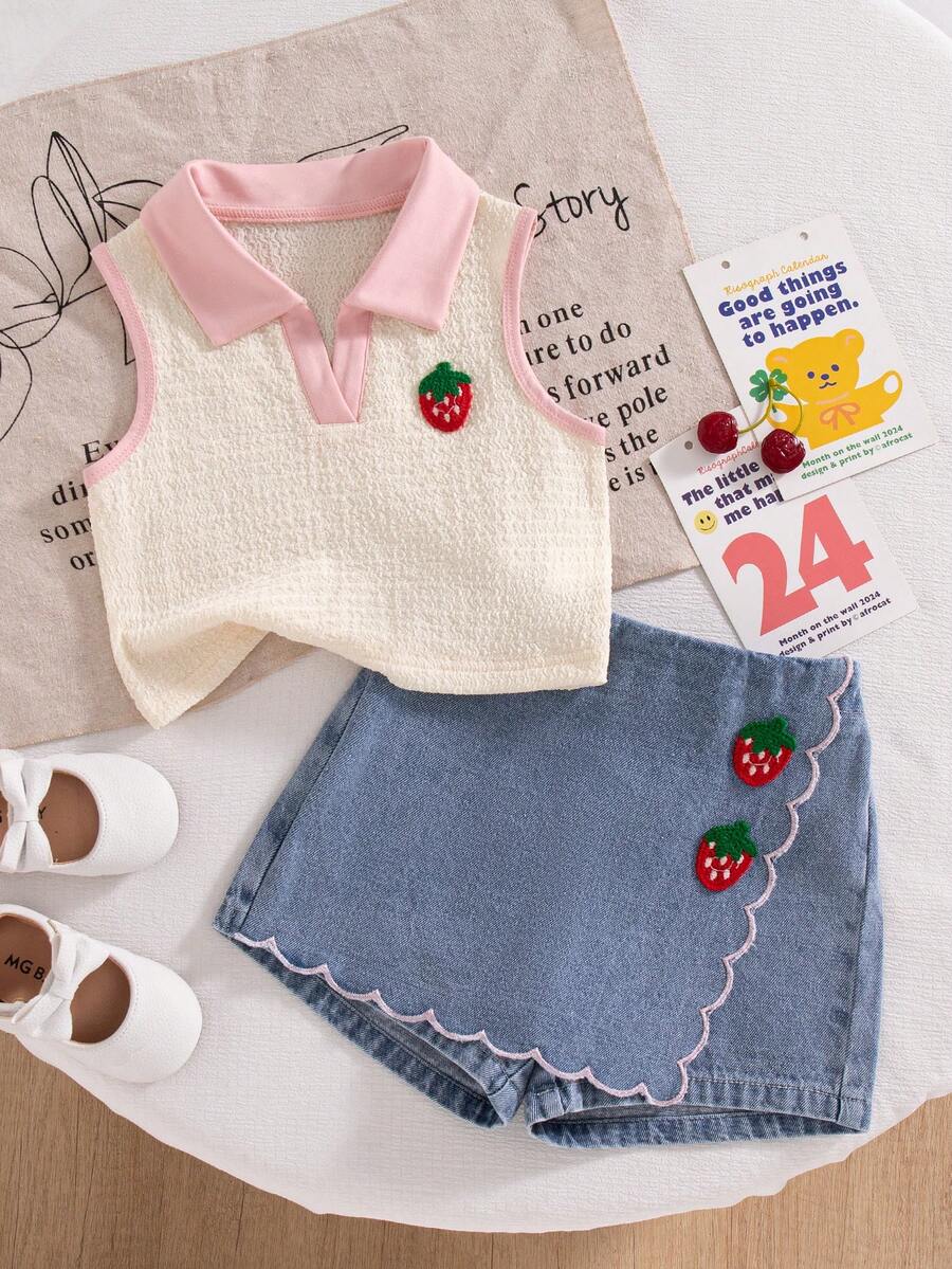 Toddler Girls Textured Knit Vest Top And Denim Skort Flower Embroidered Summer Outfit Set
