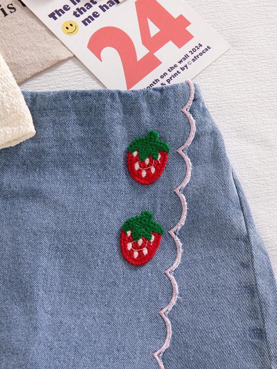 Toddler Girls Textured Knit Vest Top And Denim Skort Flower Embroidered Summer Outfit Set