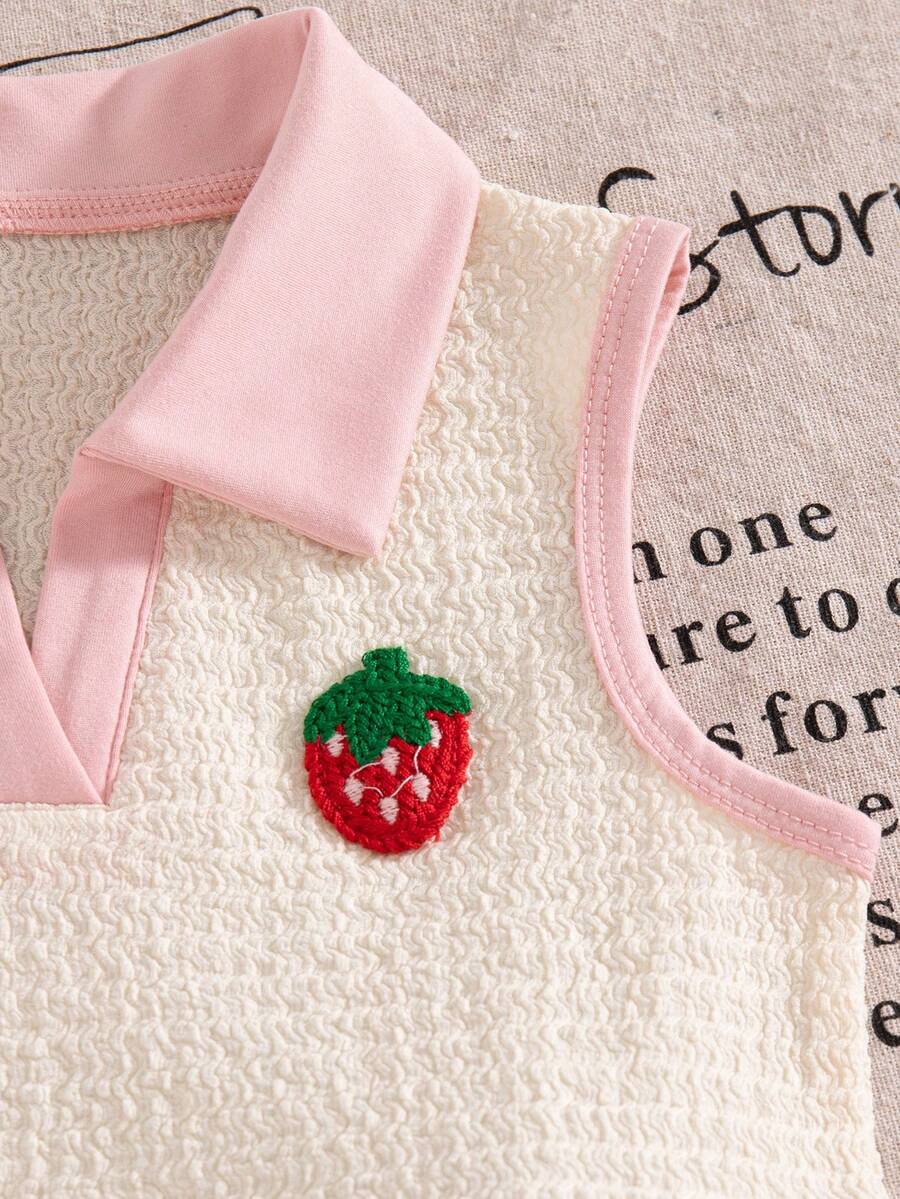 Toddler Girls Textured Knit Vest Top And Denim Skort Flower Embroidered Summer Outfit Set