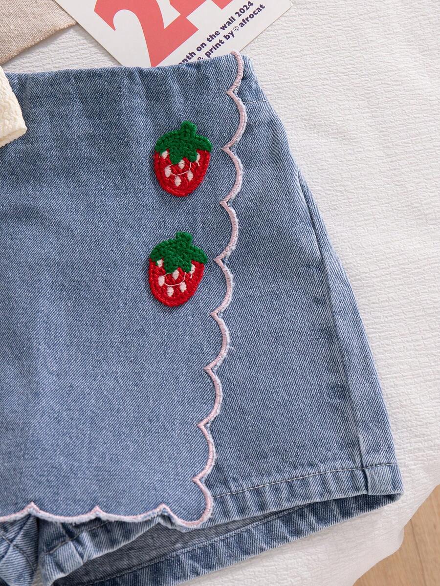 Toddler Girls Textured Knit Vest Top And Denim Skort Flower Embroidered Summer Outfit Set