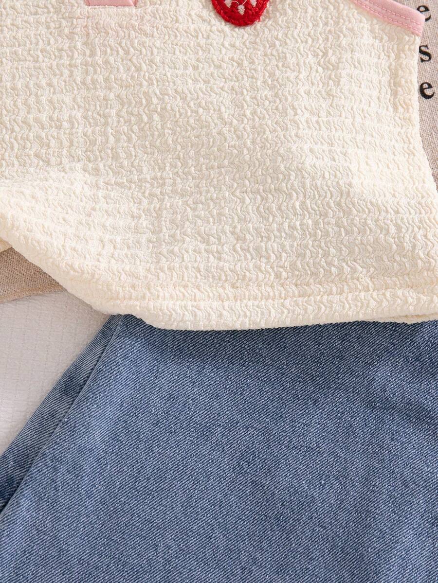 Toddler Girls Textured Knit Vest Top And Denim Skort Flower Embroidered Summer Outfit Set