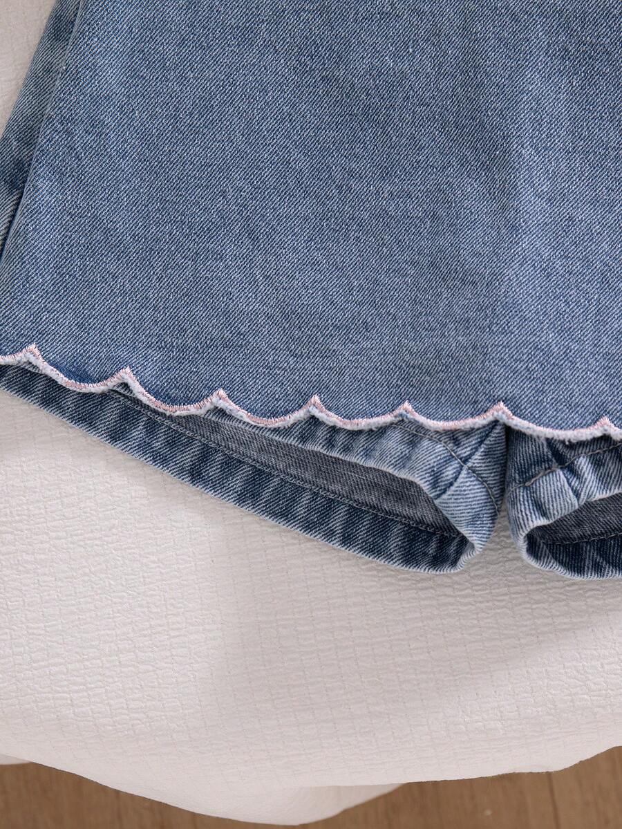 Toddler Girls Textured Knit Vest Top And Denim Skort Flower Embroidered Summer Outfit Set