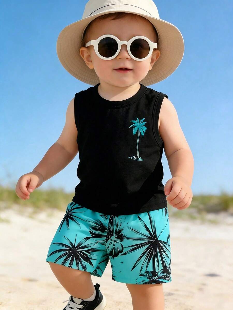 Baby Boy Letter Print Tank Top and Palm Tree Print Shorts 3 Piece Summer Outfit Set with Sunglasses