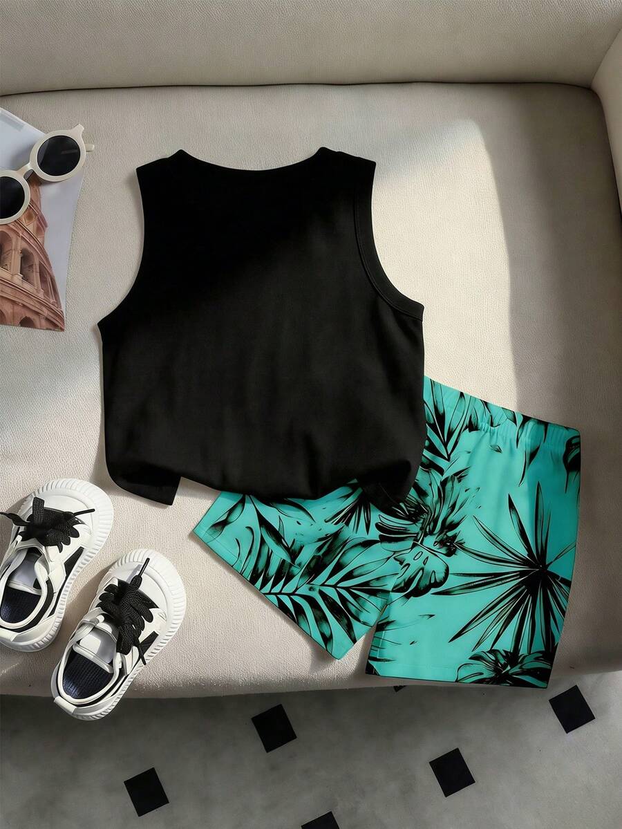 Baby Boy Letter Print Tank Top and Palm Tree Print Shorts 3 Piece Summer Outfit Set with Sunglasses